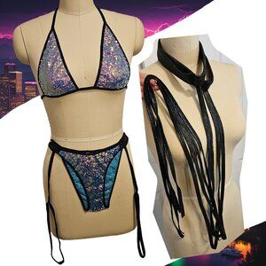 Roma Blue Iridescent Sequin Bikini Rave Set with matching Leg-wraps Size M